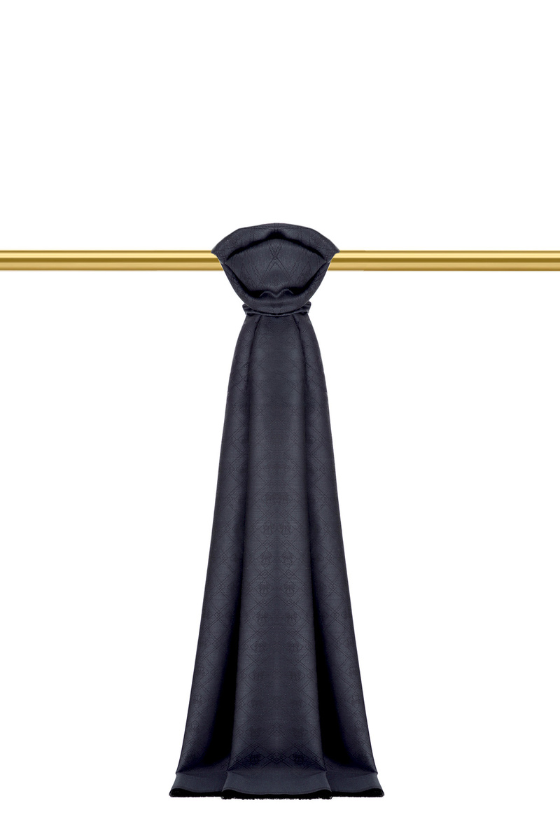 شال حرير جاكار بنقشة مونوغرام باللون الأزرق الداكن - Bursa İpek