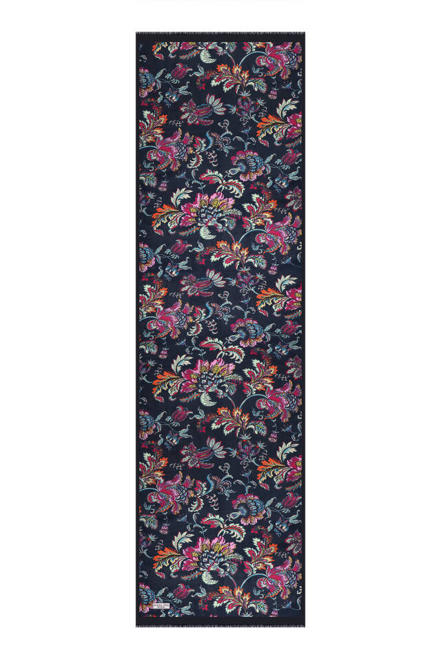 وشاح حريري من الفوال بنقشة زهور زرقاء داكنة - 4