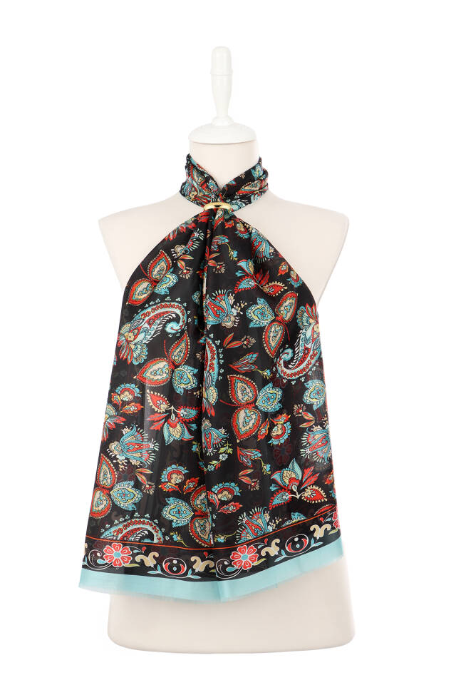 وشاح حرير فوال بنمط شال أسود - 2