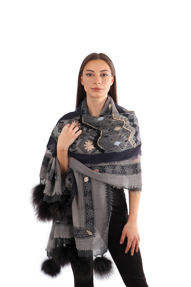 Füme Üç Katlı Yıkanmış Yün Ponponlu Şal - Bursa İpek