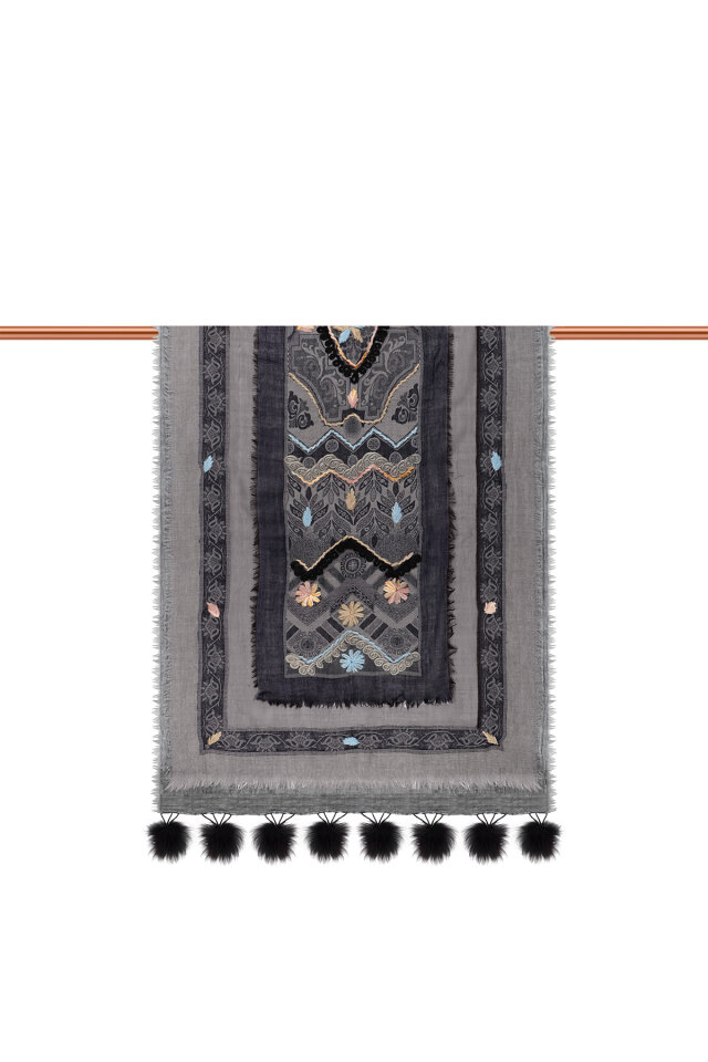 Füme Üç Katlı Yıkanmış Yün Ponponlu Şal - 3