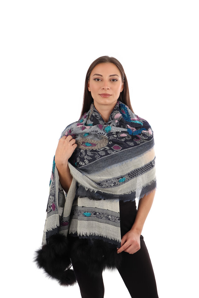 İndigo Üç Katlı Yıkanmış Yün Ponponlu Şal - Bursa İpek