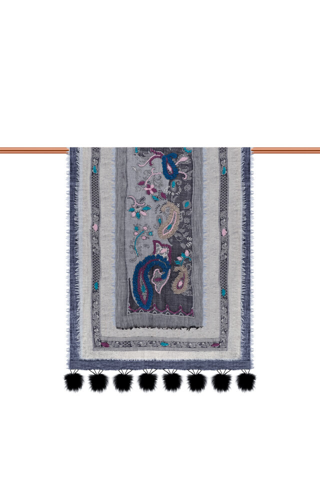 İndigo Üç Katlı Yıkanmış Yün Ponponlu Şal - 3