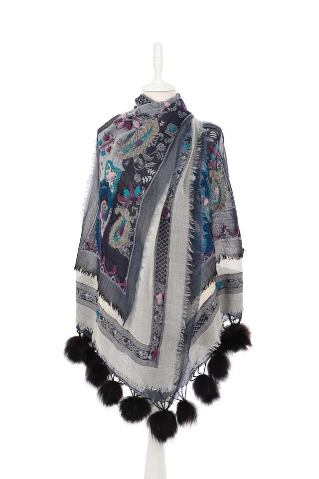 İndigo Üç Katlı Yıkanmış Yün Ponponlu Şal - 2