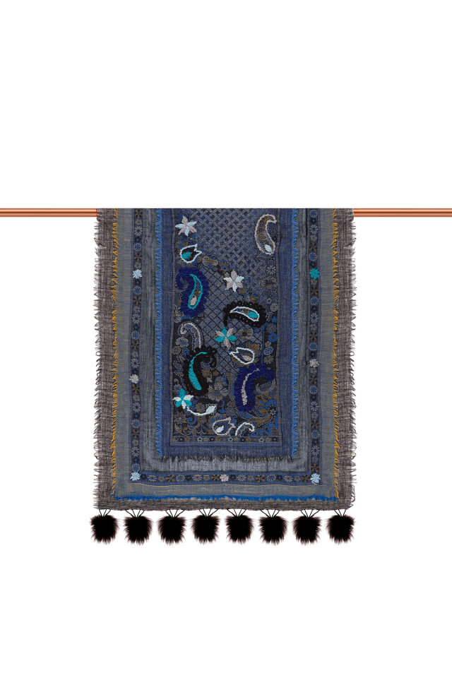 Koyu Lacivert Üç Katlı Yıkanmış Yün Ponponlu Şal - 3