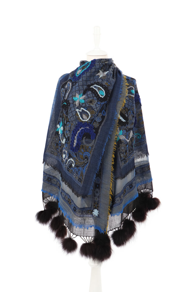 Koyu Lacivert Üç Katlı Yıkanmış Yün Ponponlu Şal - 2