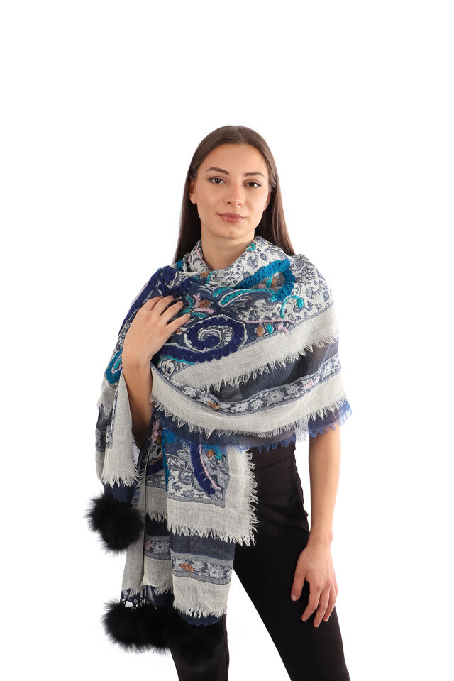 Lacivert Üç Katlı Yıkanmış Yün Ponponlu Şal - Bursa İpek