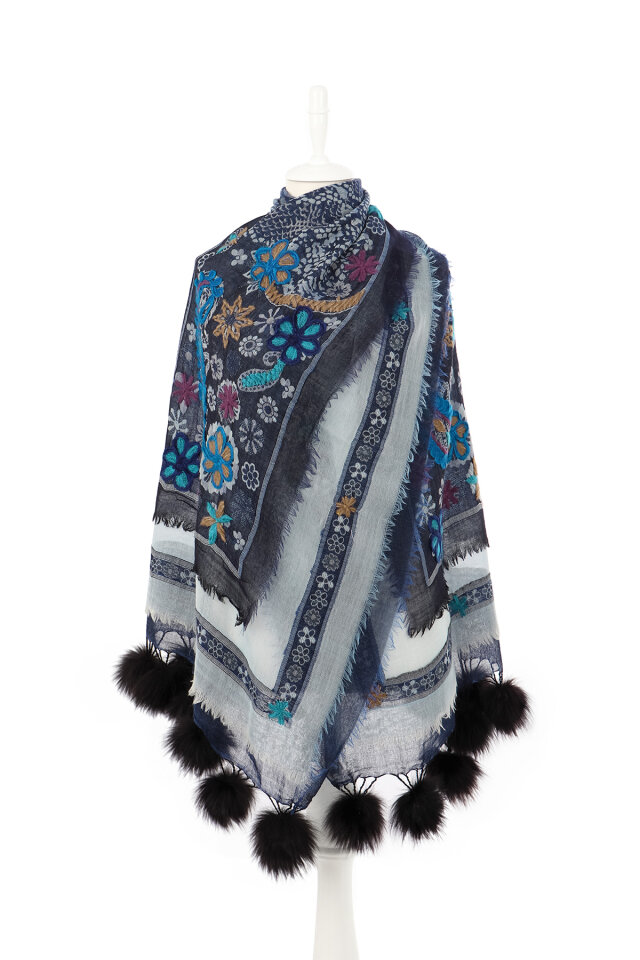 Lacivert Üç Katlı Yıkanmış Yün Ponponlu Şal - 2