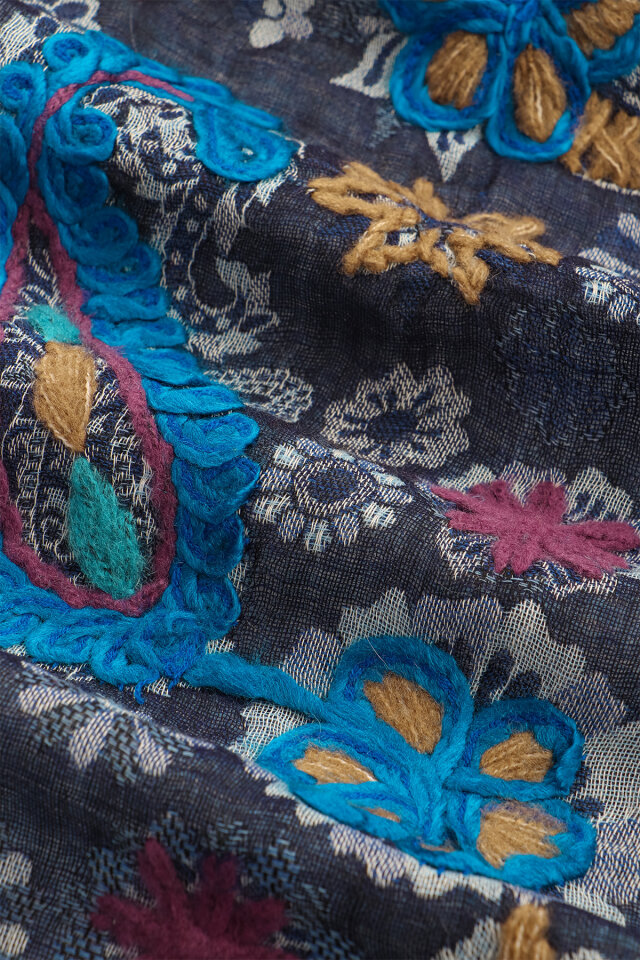 Lacivert Üç Katlı Yıkanmış Yün Ponponlu Şal - 4