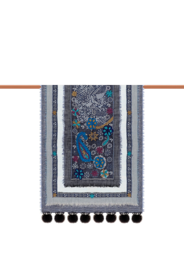 Lacivert Üç Katlı Yıkanmış Yün Ponponlu Şal - 3