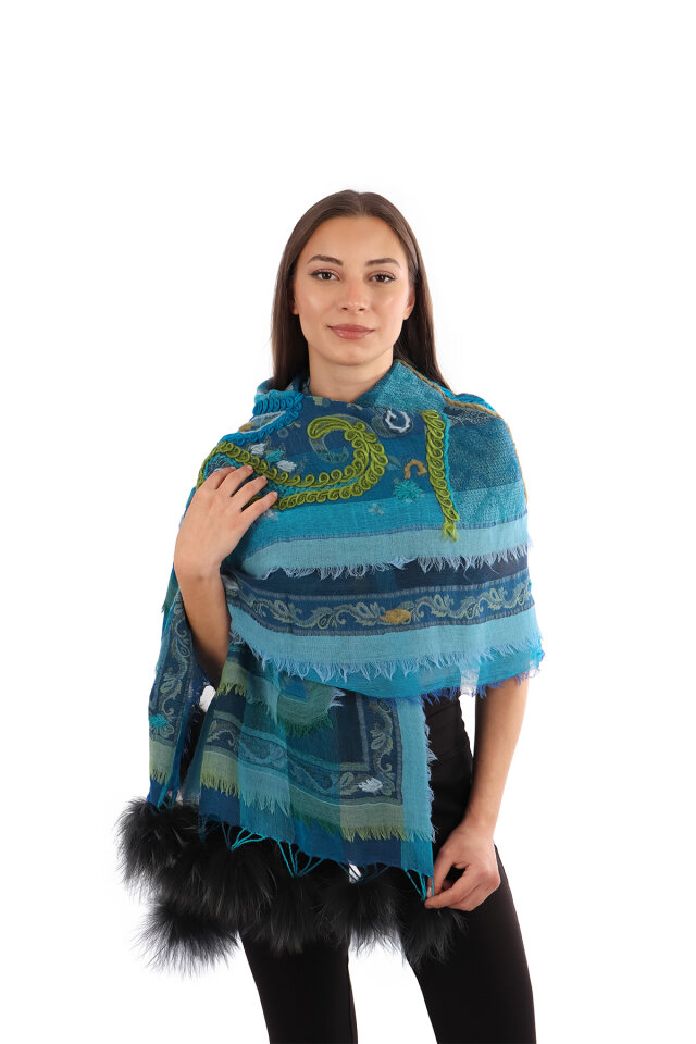 Mavi Üç Katlı Yıkanmış Yün Ponponlu Şal - Bursa İpek