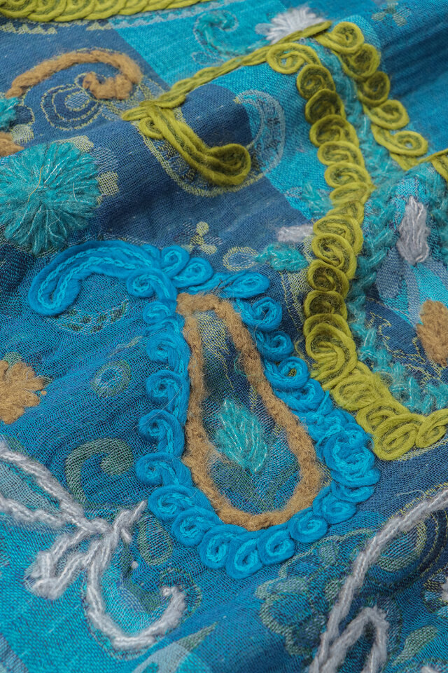 Mavi Üç Katlı Yıkanmış Yün Ponponlu Şal - 4