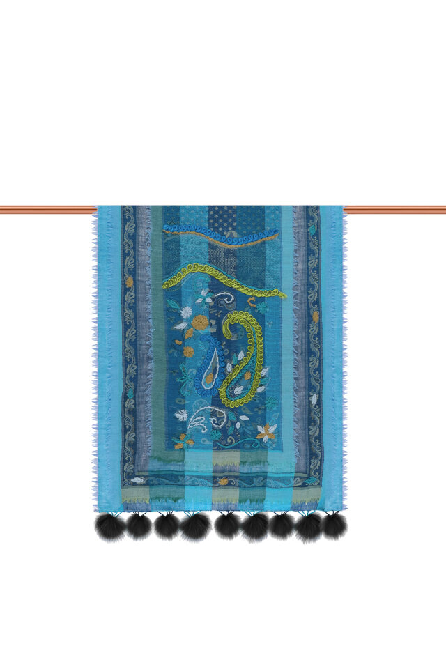 Mavi Üç Katlı Yıkanmış Yün Ponponlu Şal - 3