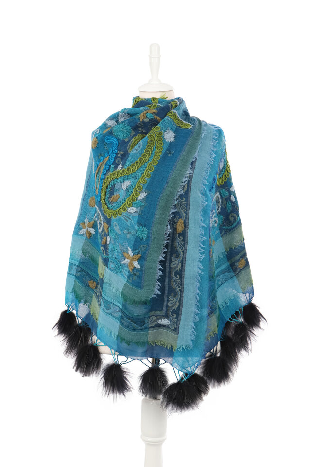 Mavi Üç Katlı Yıkanmış Yün Ponponlu Şal - 2