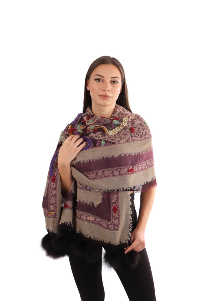 Mürdüm Üç Katlı Yıkanmış Yün Ponponlu Şal - Bursa İpek