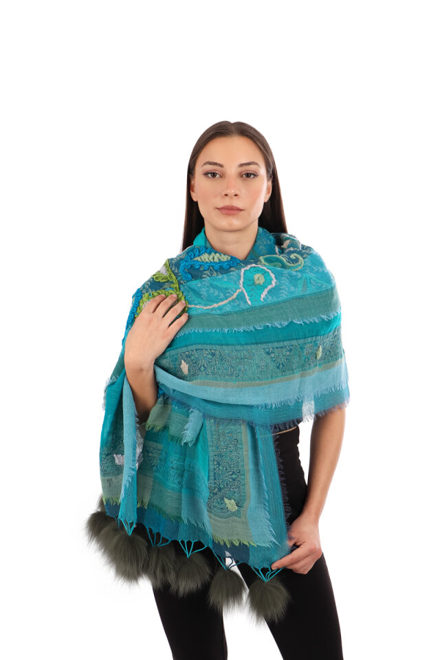 Mavi Üç Katlı Yıkanmış Yün Ponponlu Şal - Bursa İpek