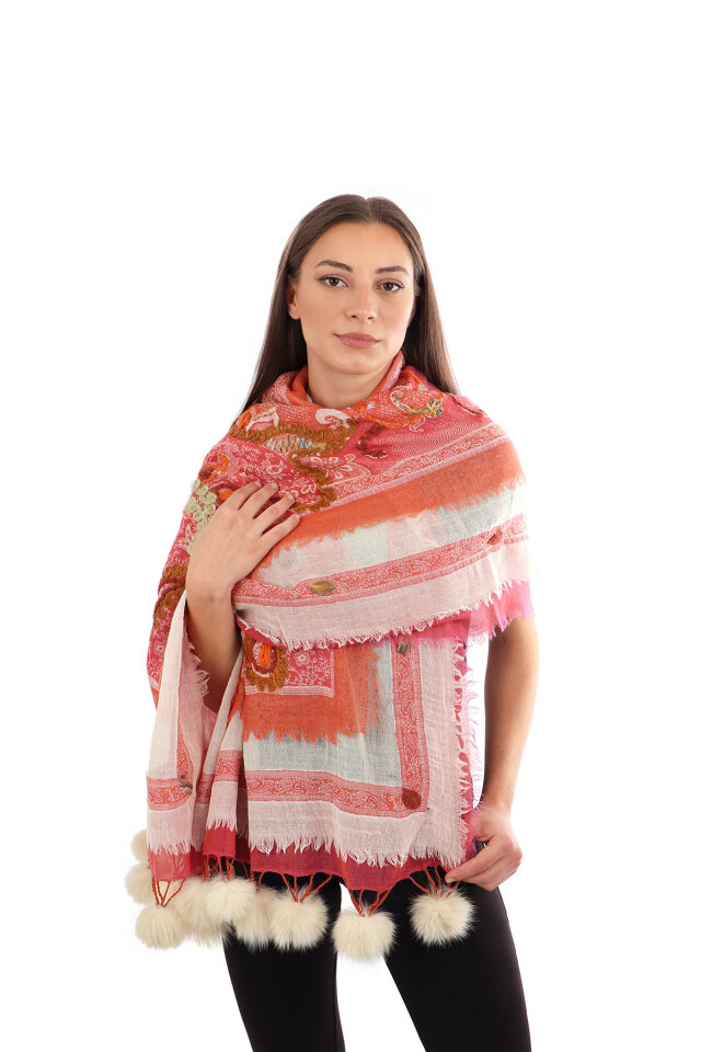 Pembe Üç Katlı Yıkanmış Yün Ponponlu Şal - Bursa İpek