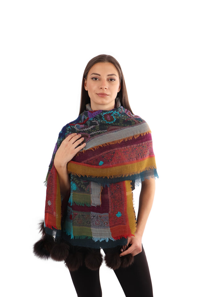 Petrol Mavi Üç Katlı Yıkanmış Yün Ponponlu Şal - Bursa İpek