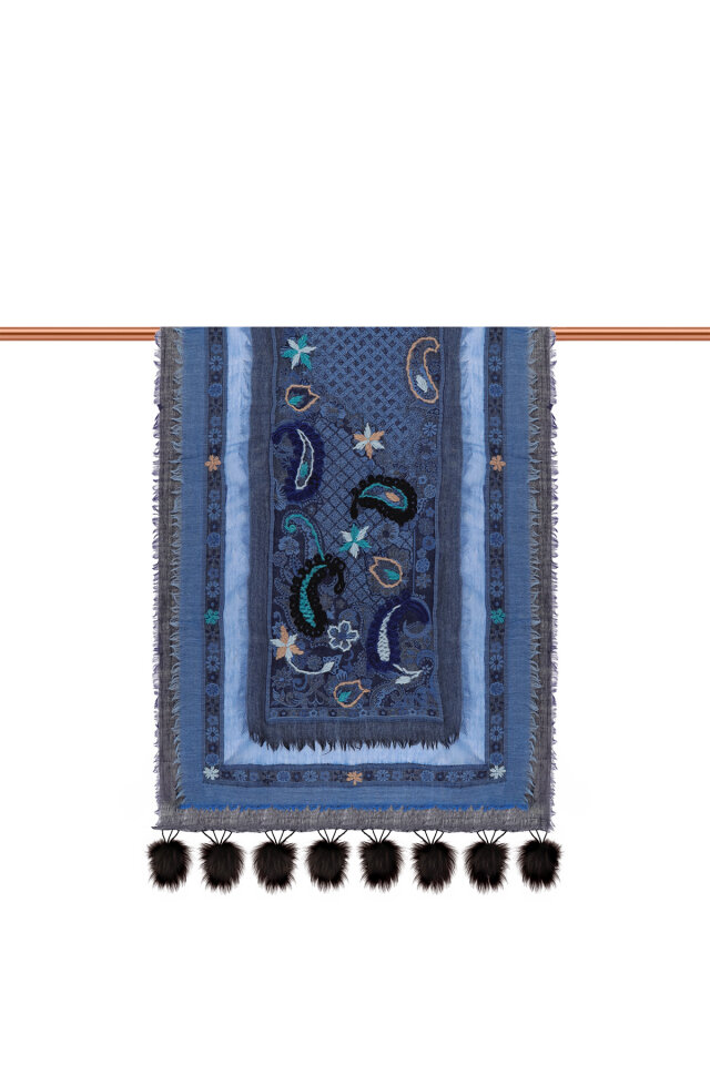 Saks Üç Katlı Yıkanmış Yün Ponponlu Şal - 3