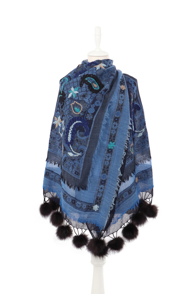 Saks Üç Katlı Yıkanmış Yün Ponponlu Şal - 2