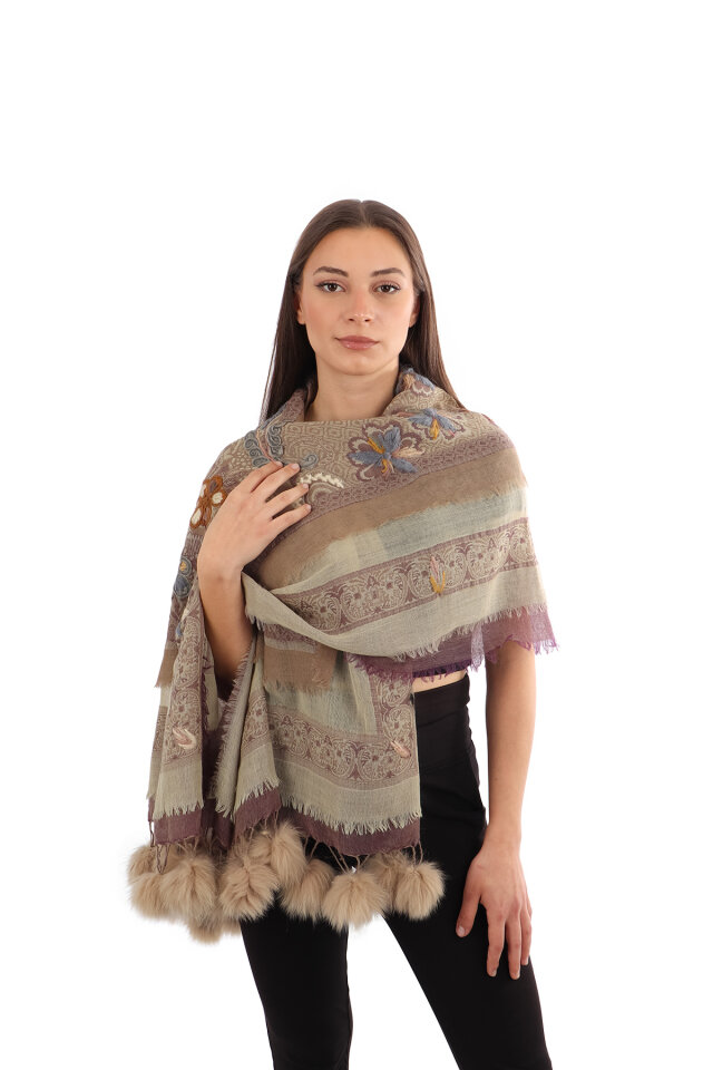 Vizon Üç Katlı Yıkanmış Yün Ponponlu Şal - Bursa İpek