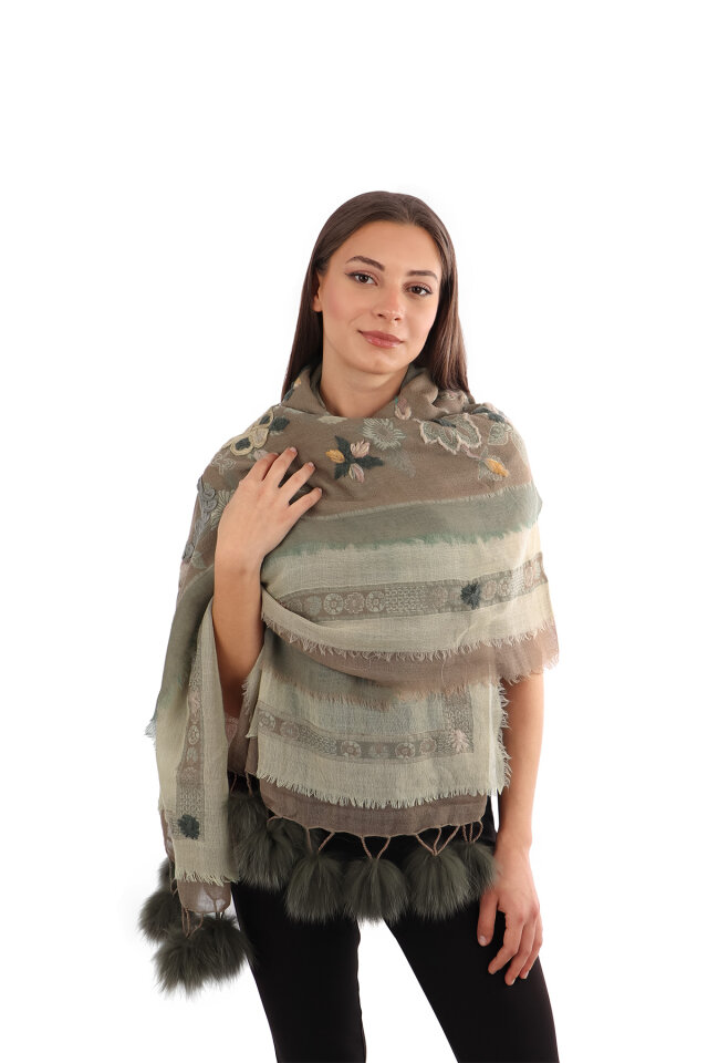 Vizon Üç Katlı Yıkanmış Yün Ponponlu Şal - Bursa İpek