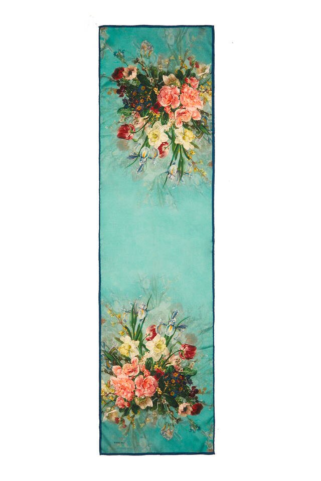 فولار حرير ضيق بالزهور باللون الأزرق البترولي - 4