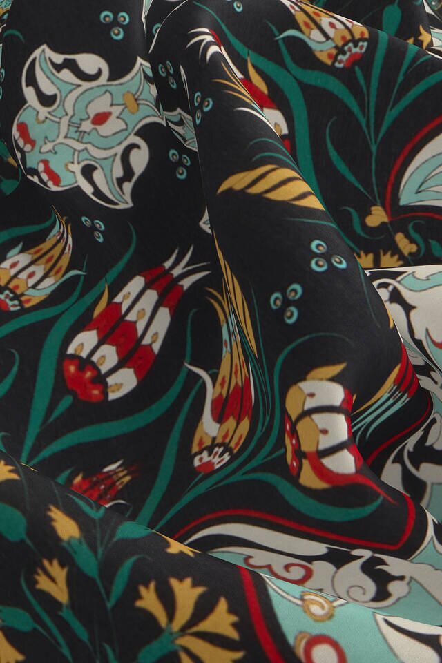 جيب مربع حرير بنمط توليب قرنفل أسود تركواز - 3