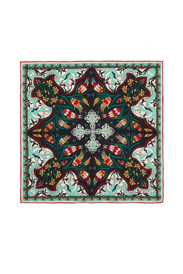 جيب مربع حرير بنمط توليب قرنفل أسود تركواز 