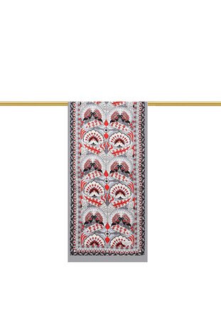 فولار من الحرير الضيق على شكل طاووس أحمر رمادي - Thumbnail