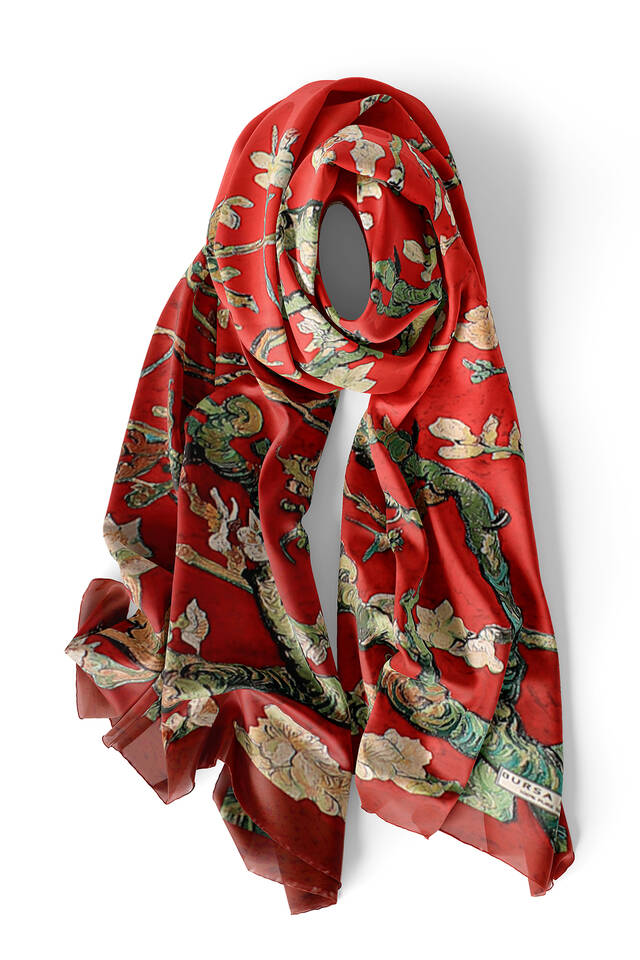 فولار حرير بزهر اللوز عنابي - 4