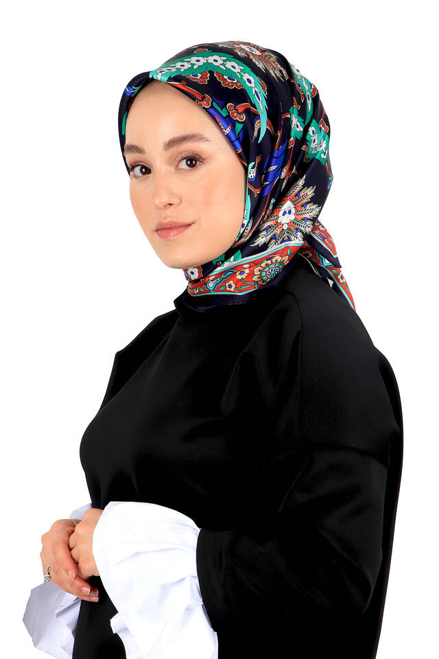 وشاح مربع من الحرير بنمط أفسس باللون الأزرق الداكن والأحمر - 2