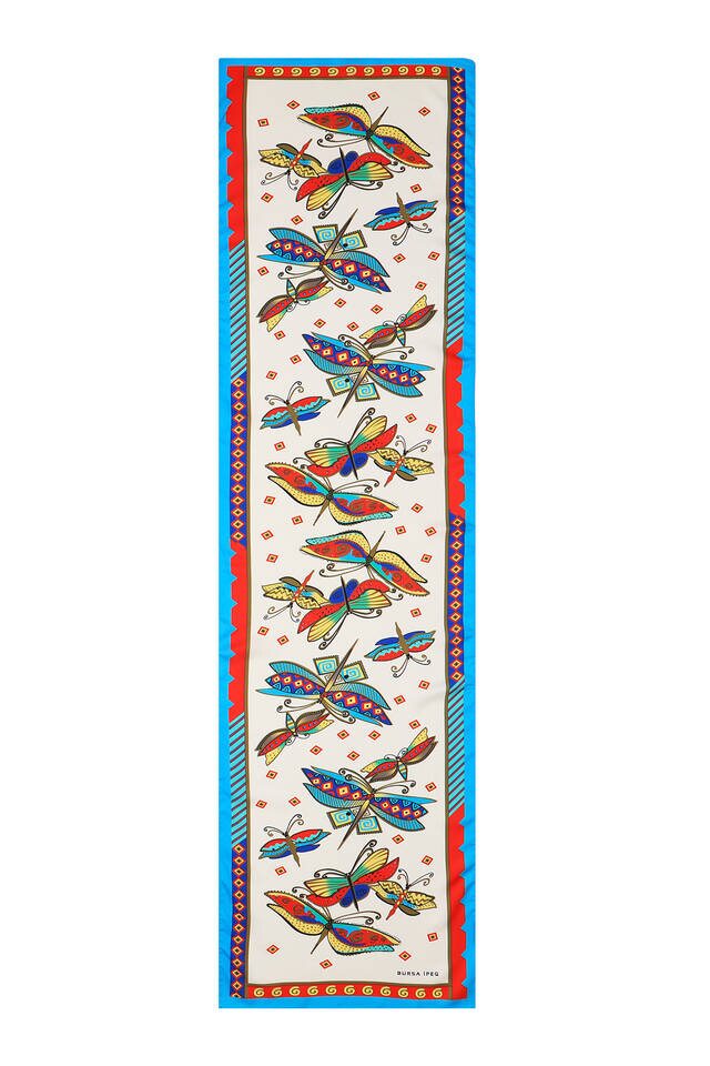 فولار حريري أخضر مائي أحمر منقوش - 4