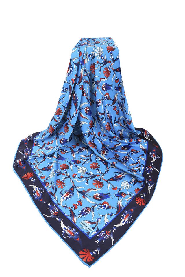 وشاح مربع حريري بنمط قرنفل ونقش توليب تركي تركواز - 3