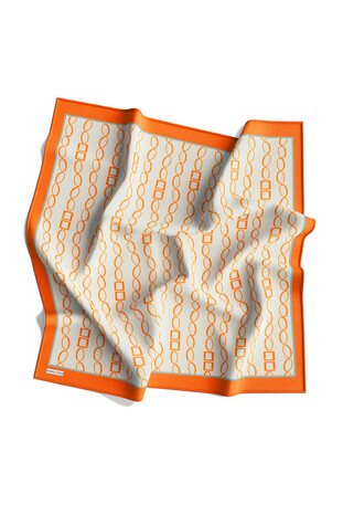 وشاح مربع من الحرير بنمط سلسلة برتقالية اللون - Thumbnail