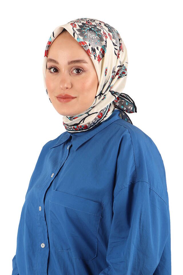 وشاح مربع من الحرير بنمط توليب رمادي - 2