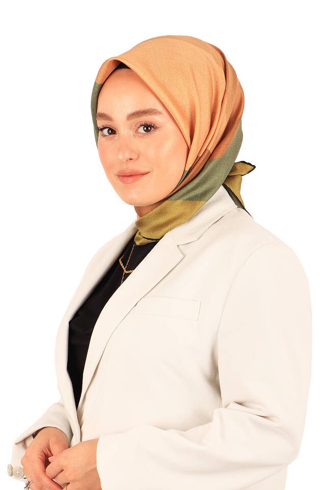 وشاح مربع من الحرير بنمط هندسي كاكي أخضر - 2