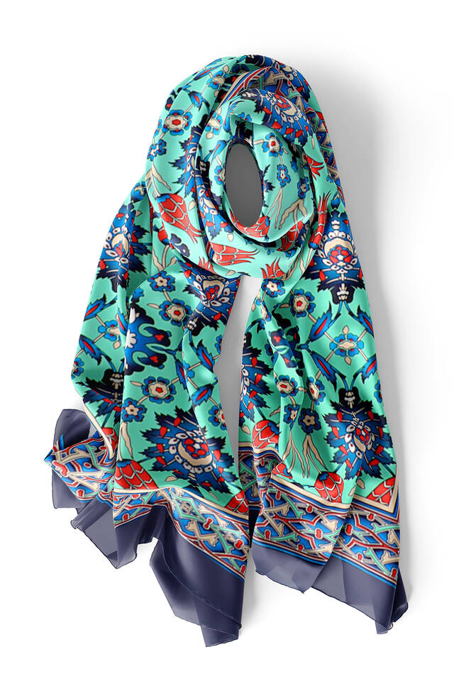 الفولار الأزرق الداكن والبلاط الأخضر توليب الحرير - 3