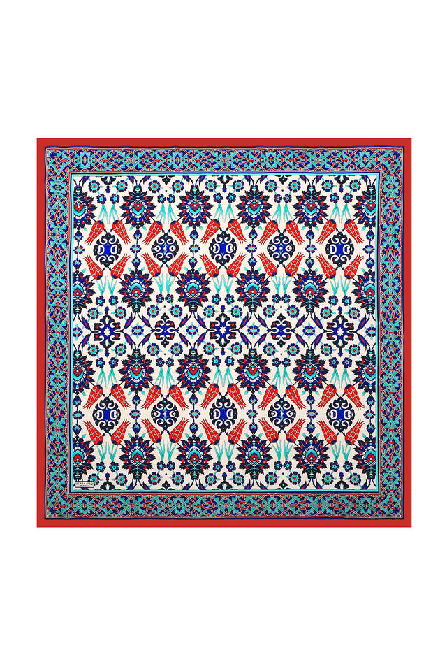 وشاح مربع من الحرير بنمط توليب من بلاط ساكس الأحمر 