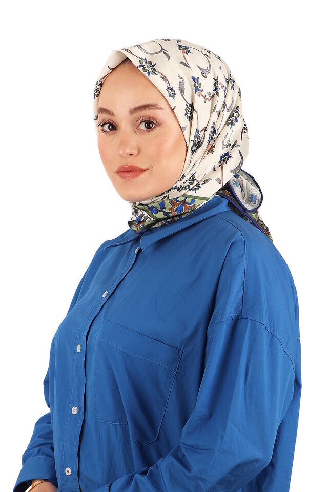 وشاح مربع حريري بنمط الزهرة البرية الكاكي - 2