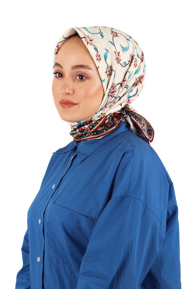 وشاح مربع حريري بنمط الزهرة البرية بورجوندي - 2