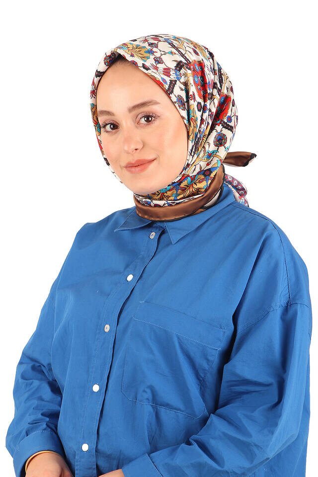 وشاح مربع حريري بنمط التوليب البني - 2