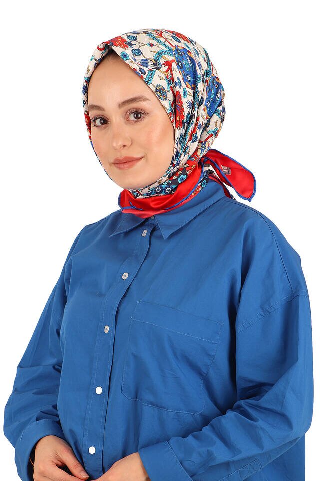 وشاح مربع حريري بنمط التوليب باللون الأحمر - 2