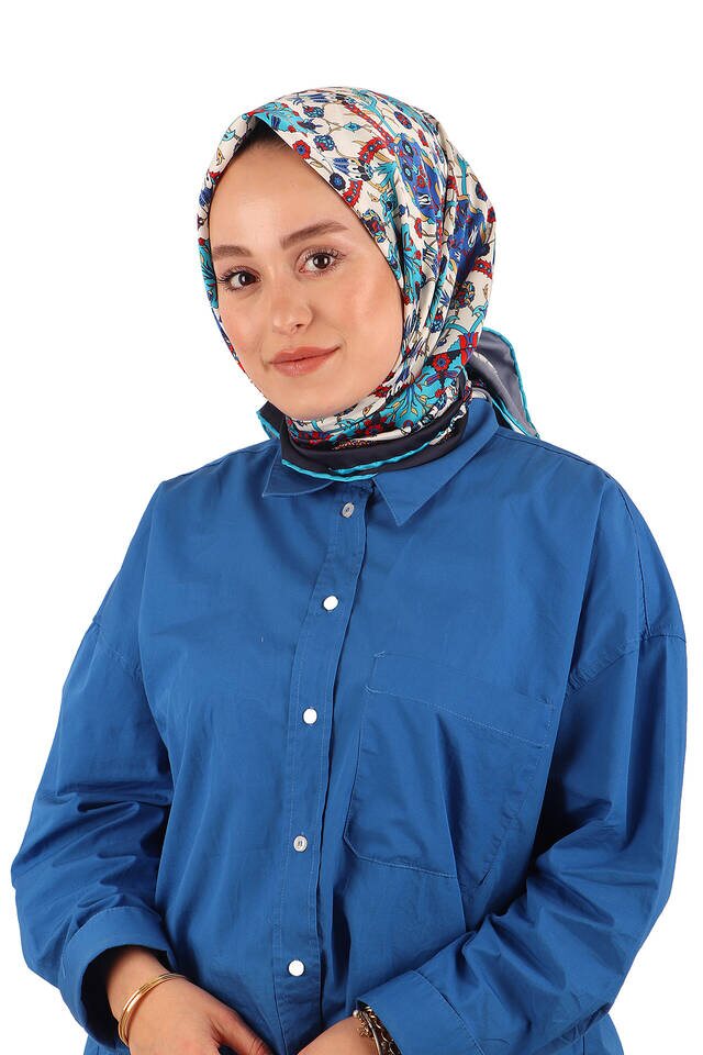 وشاح مربع حريري بنمط التوليب باللون الأزرق الداكن - 2