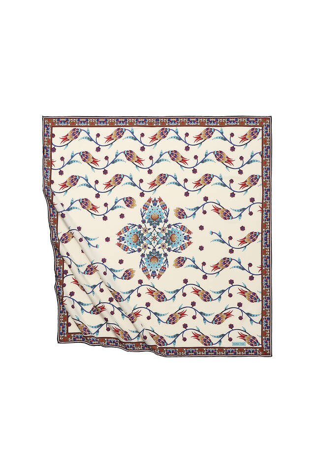 وشاح مربع حريري بنمط توليب بني - Bursa İpek