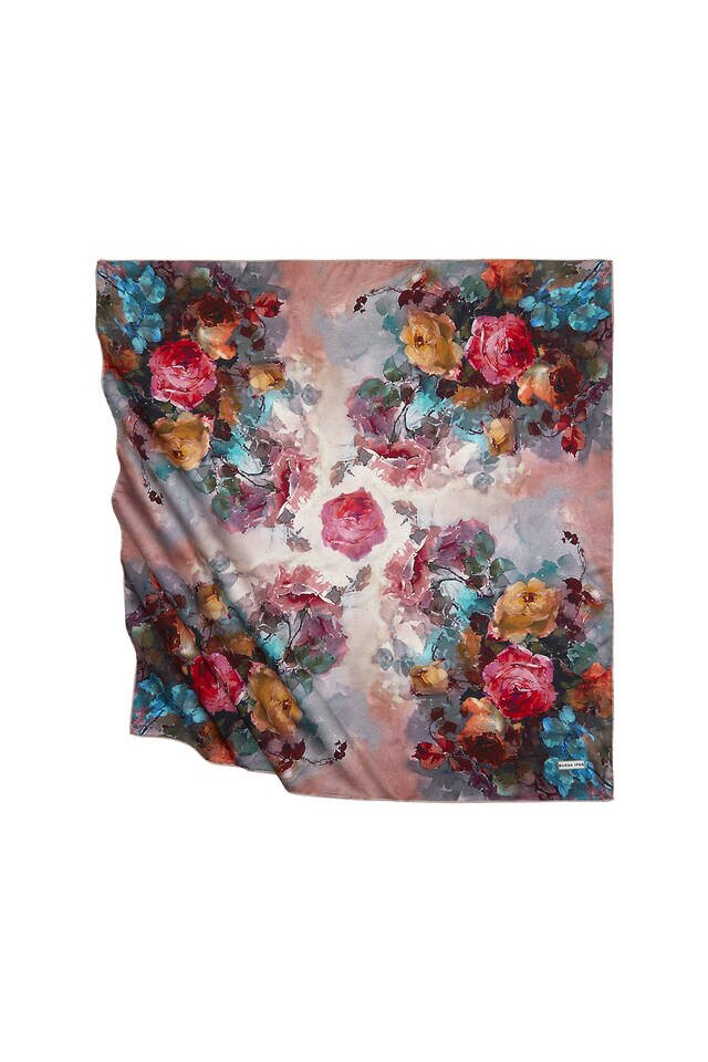 وشاح مربع حريري بنمط زهرة مسحوق - Bursa İpek