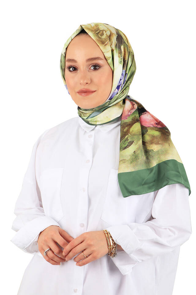 الكاكي زهرة نمط وشاح حريري - 2