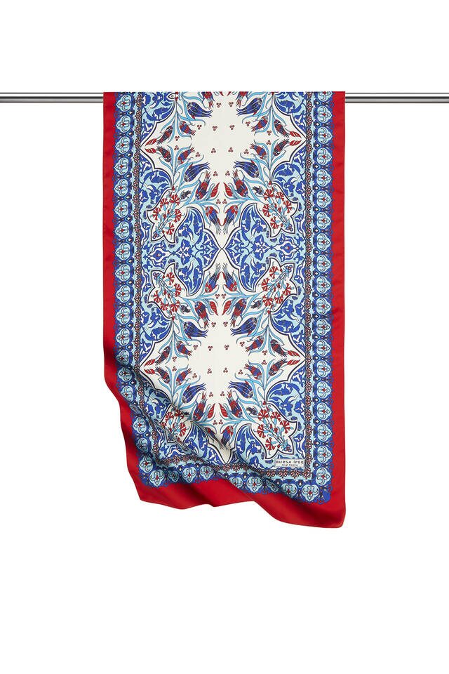 Saks Red Tile Tulip Pattern ضيق حريري فولارد - Bursa İpek