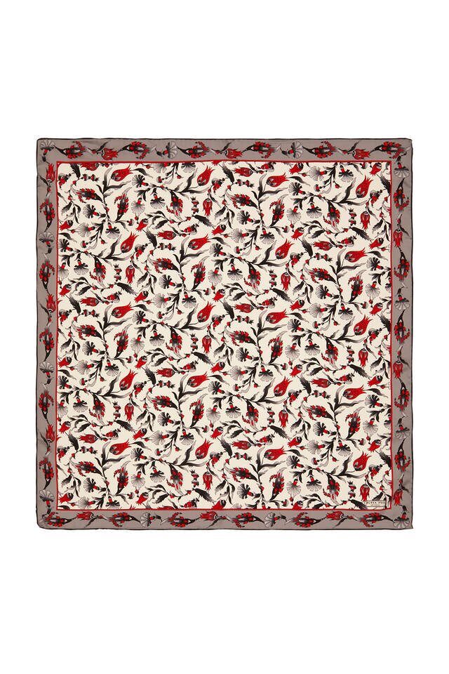 وشاح مربع من الحرير بنقشة الخزامى قرنفل رمادي غامق إكرو 