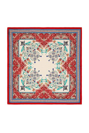 وشاح مربع حرير بنمط توليب شمعدان أحمر رمادي 